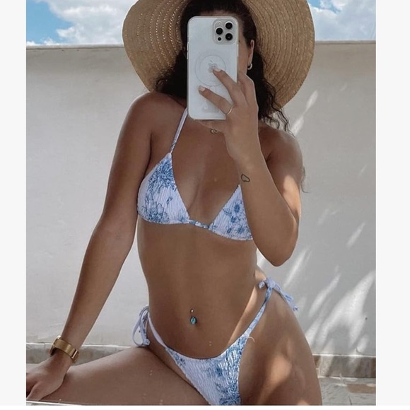 VOLAFA Triangle Bikini Set String Swimsuit Print Tie Smocked Ruched Two Sz Small - Picture 2 of 6